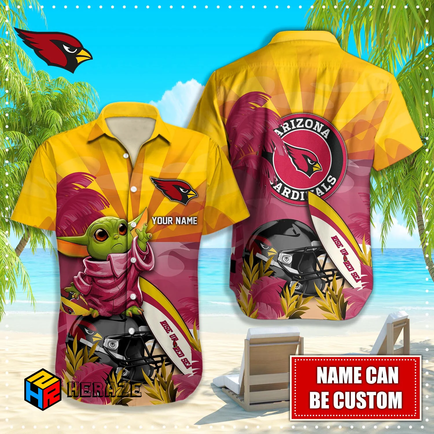 Baby Yoda Custom Name Arizona Cardinals NFL Aloha Hawaiian Shirt