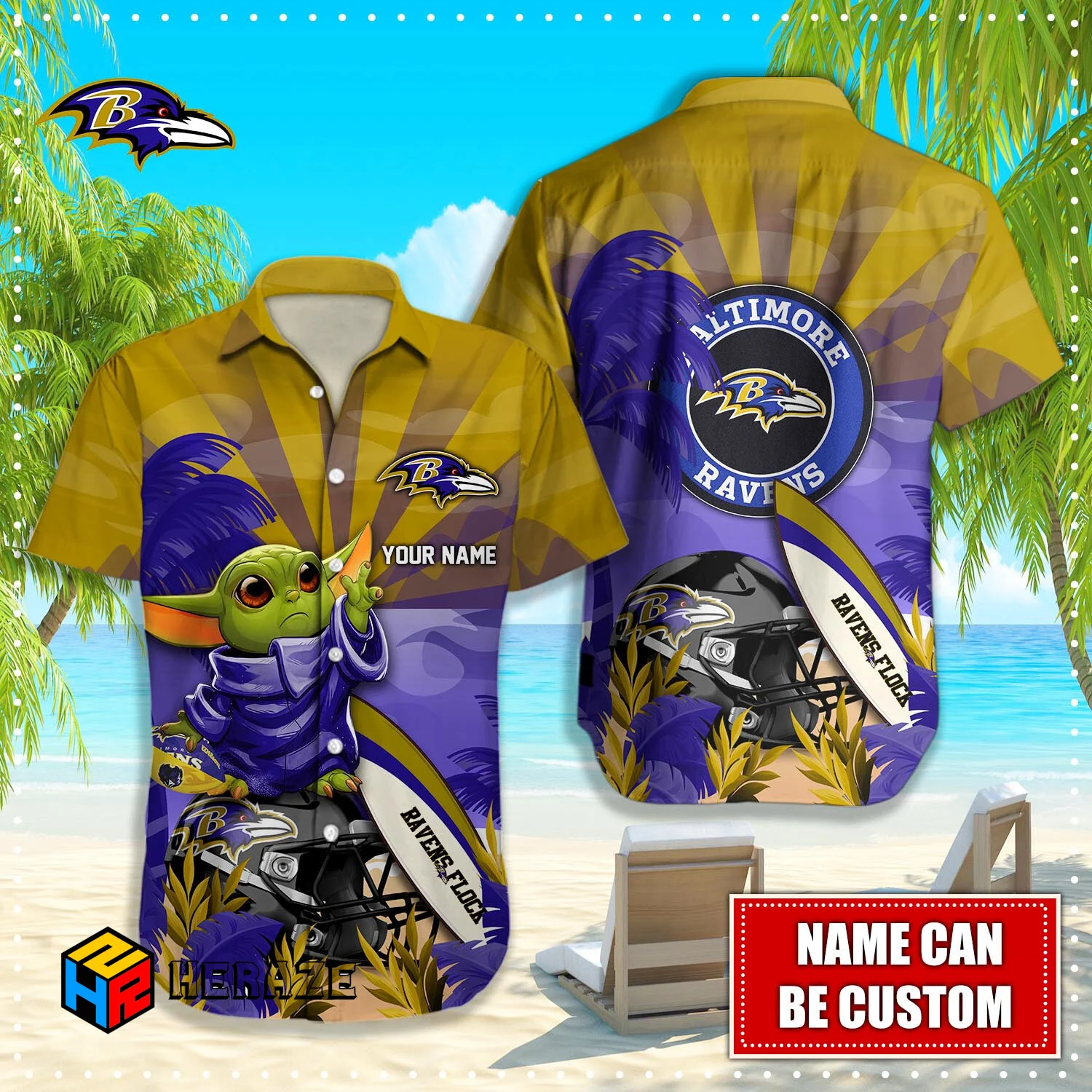 Baby Yoda Custom Name Baltimore Ravens NFL Aloha Hawaiian Shirt