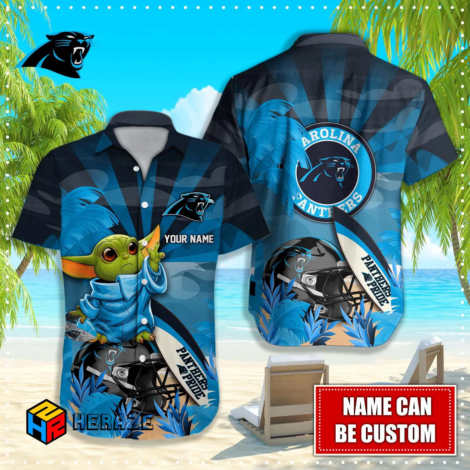 Baby Yoda Custom Name Carolina Panthers NFL Aloha Hawaiian Shirt