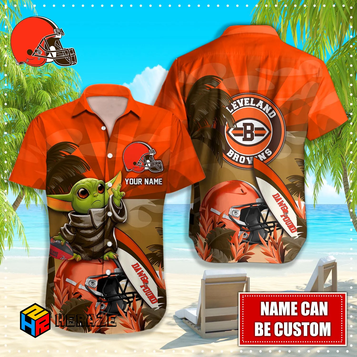 Baby Yoda Custom Name Cleveland Browns NFL Aloha Hawaiian Shirt