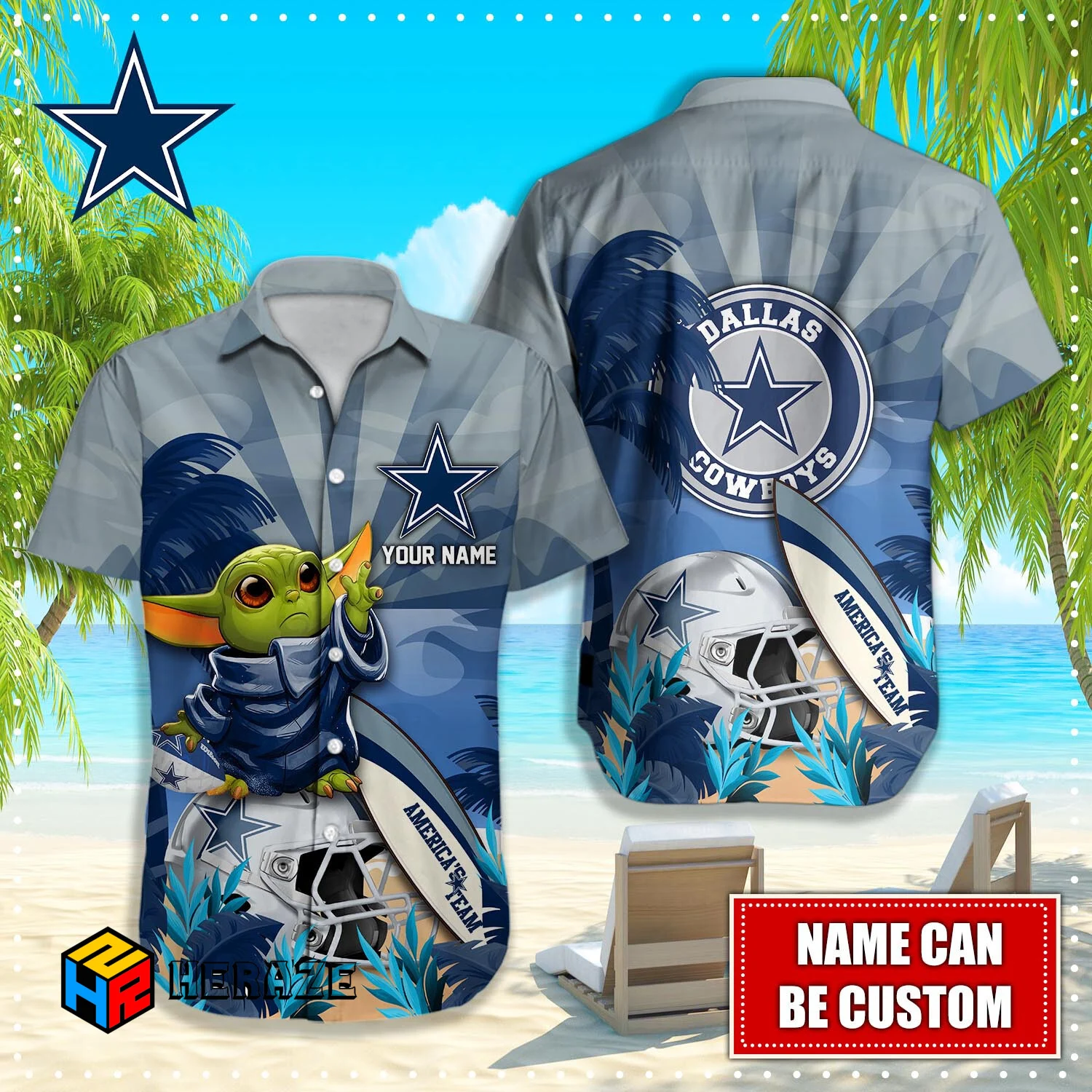 Baby Yoda Custom Name Dallas Cowboys NFL Aloha Hawaiian Shirt