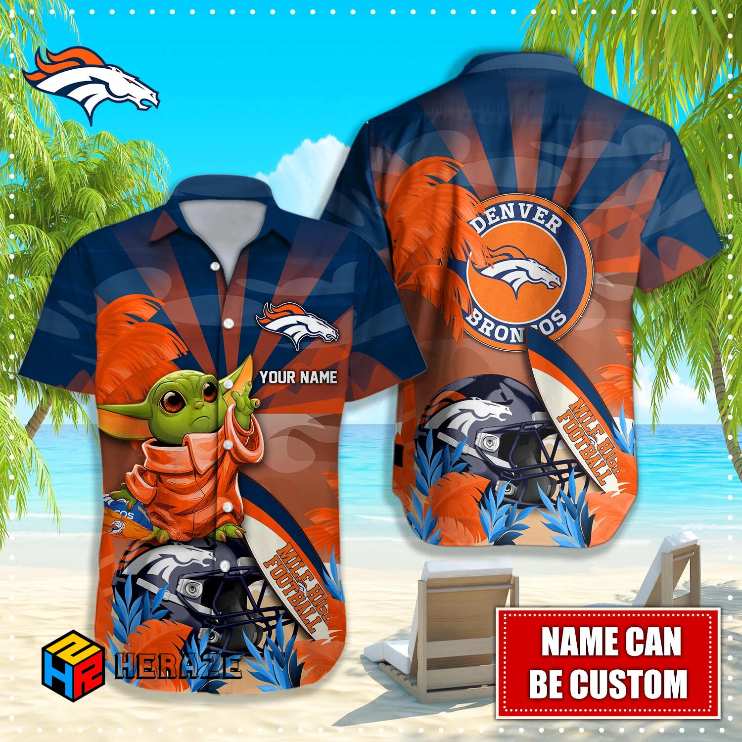 Baby Yoda Custom Name Denver Broncos NFL Aloha Hawaiian Shirt