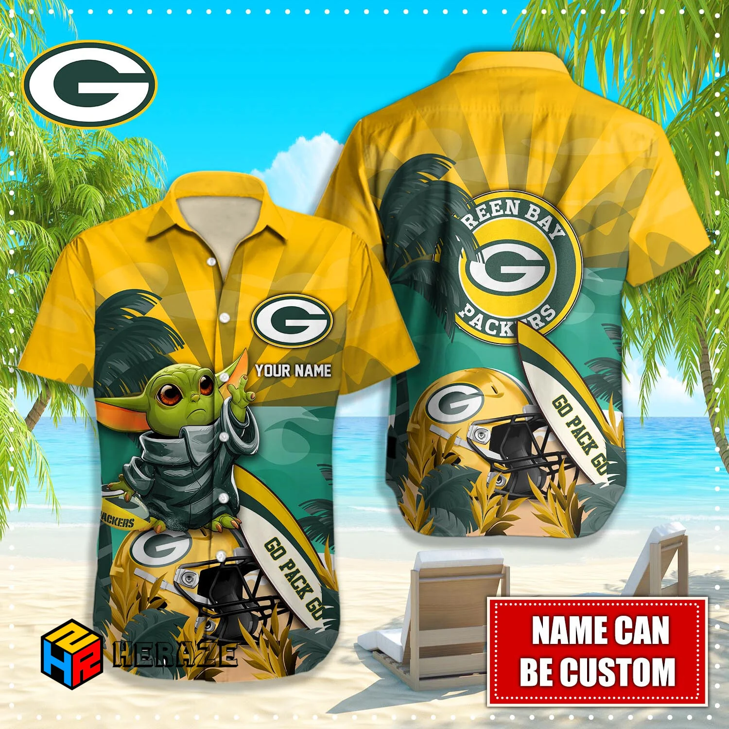 Baby Yoda Custom Name Green Bay Packers NFL Aloha Hawaiian Shirt