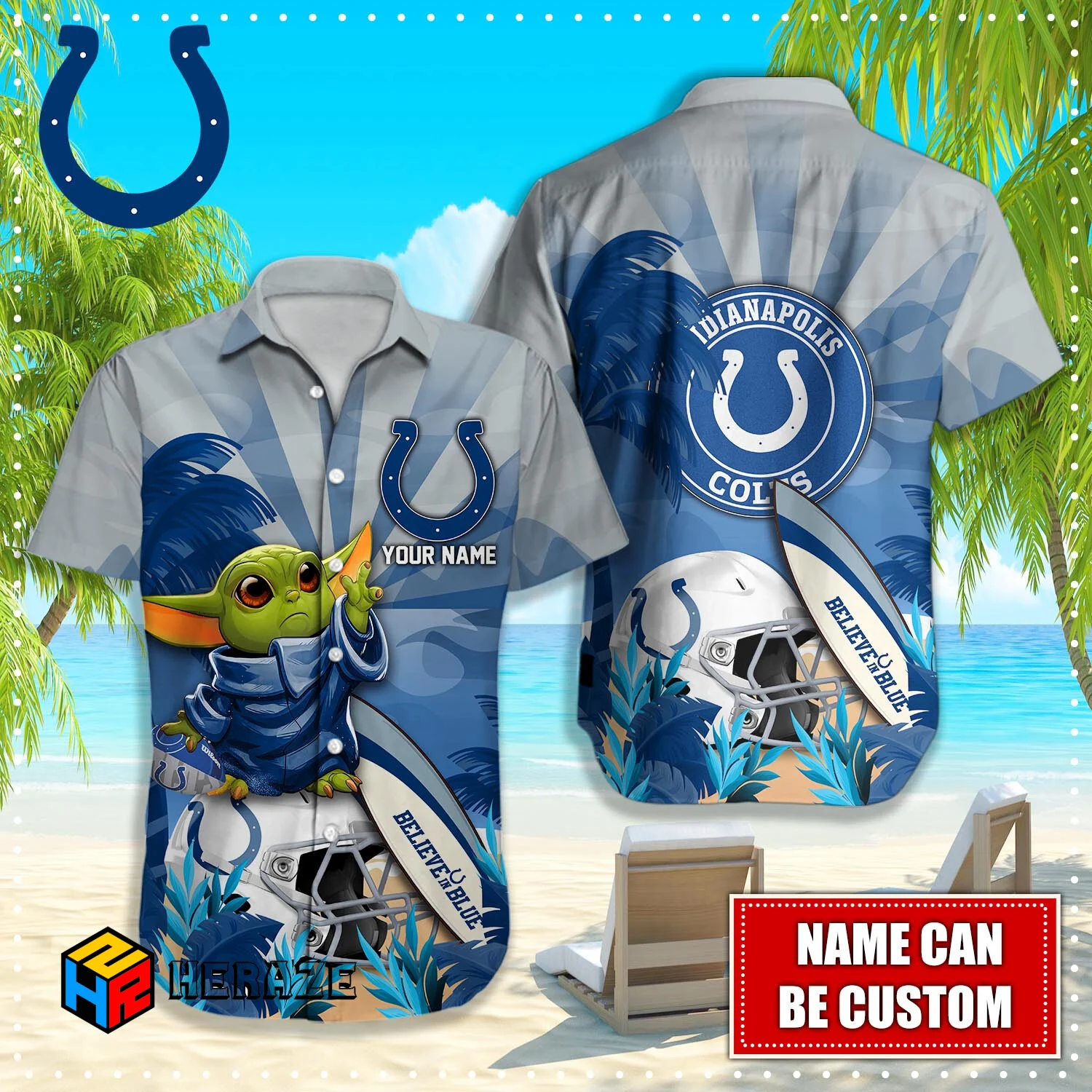 Baby Yoda Custom Name Indianapolis Colts NFL Aloha Hawaiian Shirt