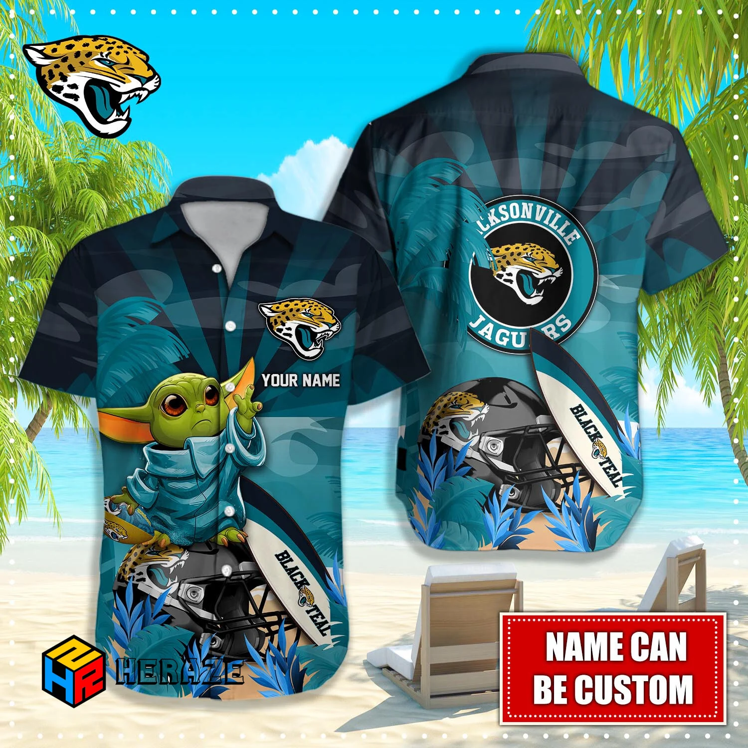 Baby Yoda Custom Name Jacksonville Jaguars NFL Aloha Hawaiian Shirt