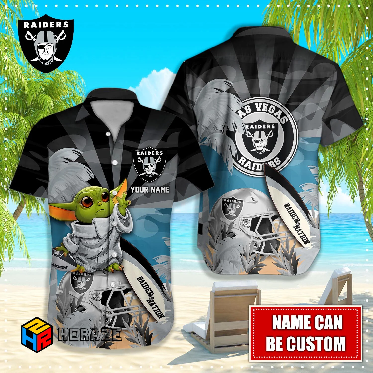 Baby Yoda Custom Name Las Vegas Raiders NFL Aloha Hawaiian Shirt