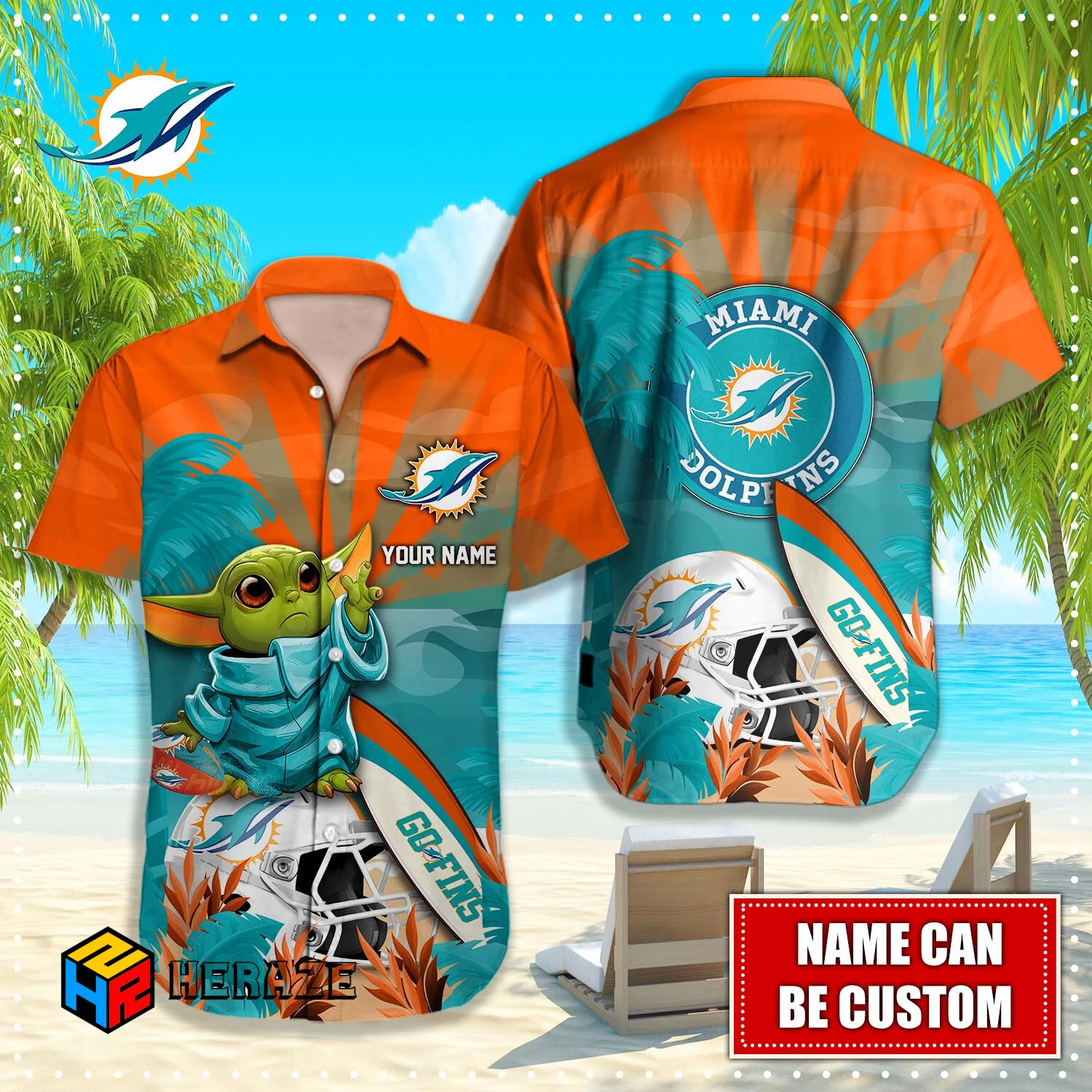 Baby Yoda Custom Name Miami Dolphins NFL Aloha Hawaiian Shirt