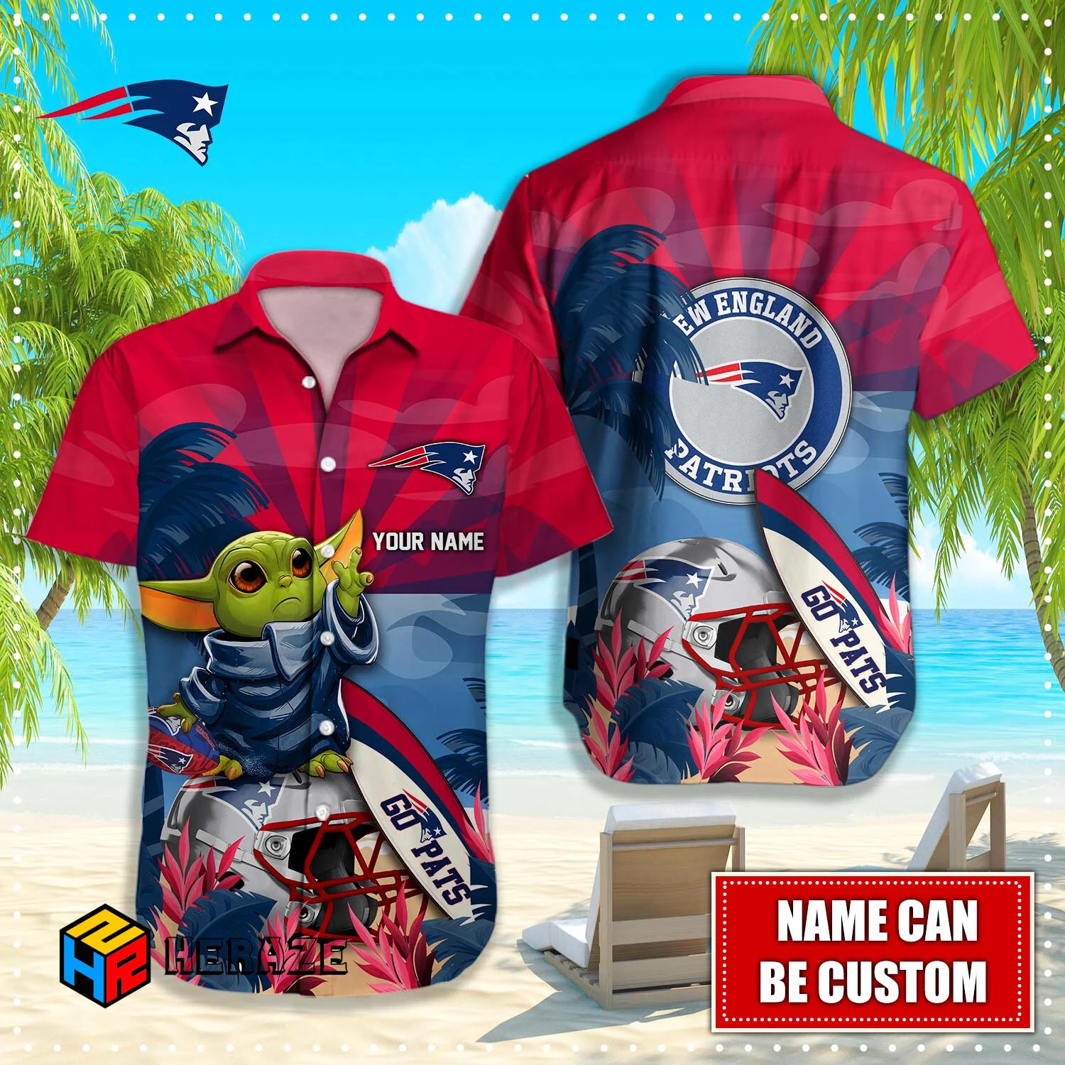 Baby Yoda Custom Name New England Patriots NFL Aloha Hawaiian Shirt