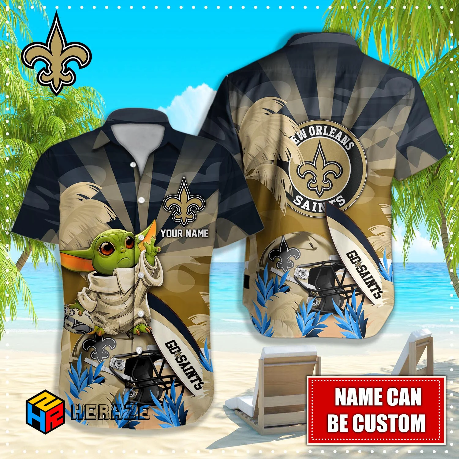 Baby Yoda Custom Name New Orleans Saints NFL Aloha Hawaiian Shirt