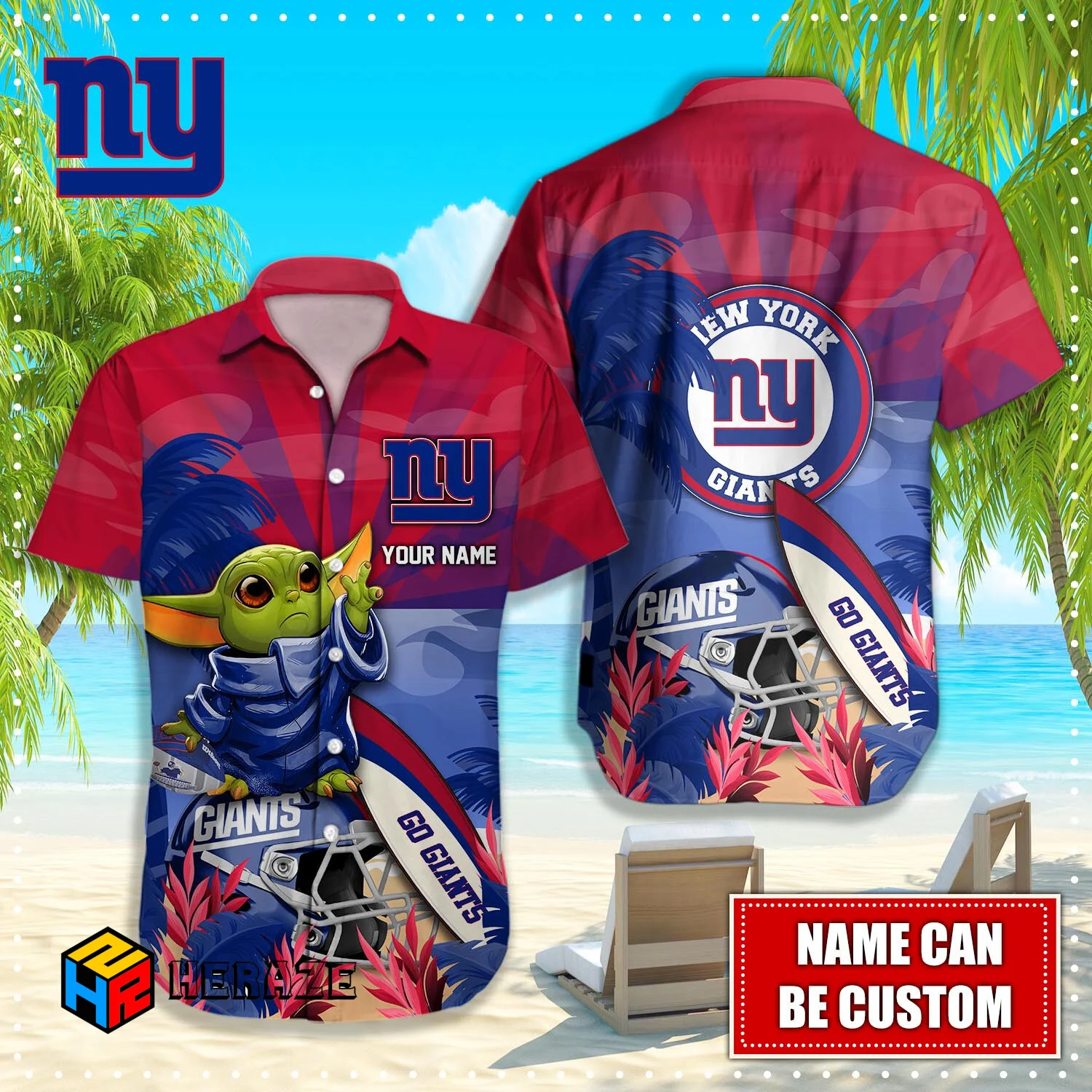 Baby Yoda Custom Name New York Giants NFL Aloha Hawaiian Shirt