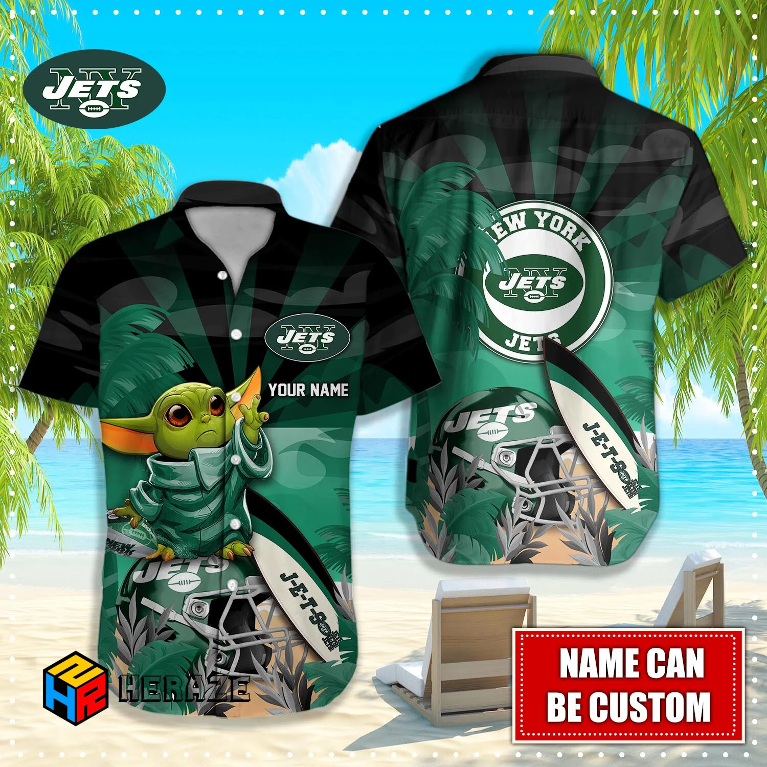 Baby Yoda Custom Name New York Jets NFL Aloha Hawaiian Shirt