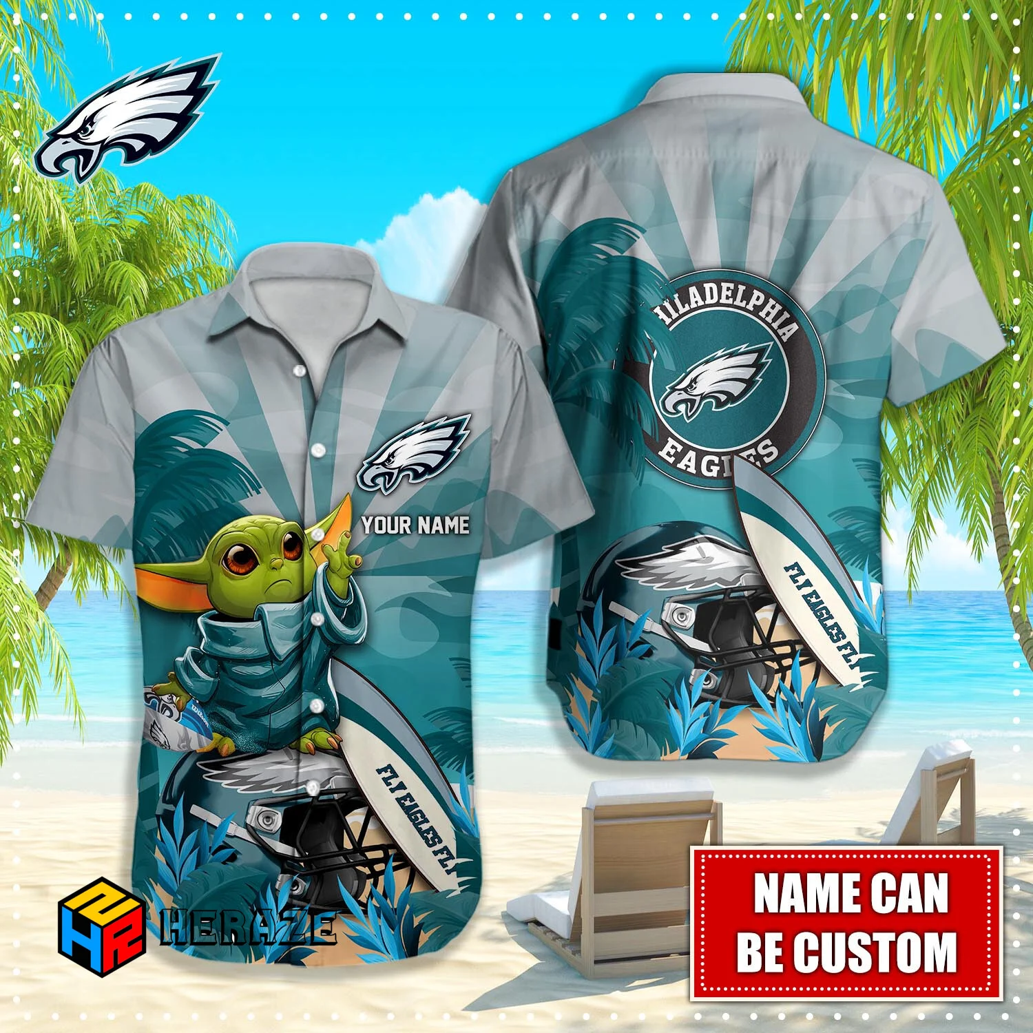 Baby Yoda Custom Name Philadelphia Eagles NFL Aloha Hawaiian Shirt