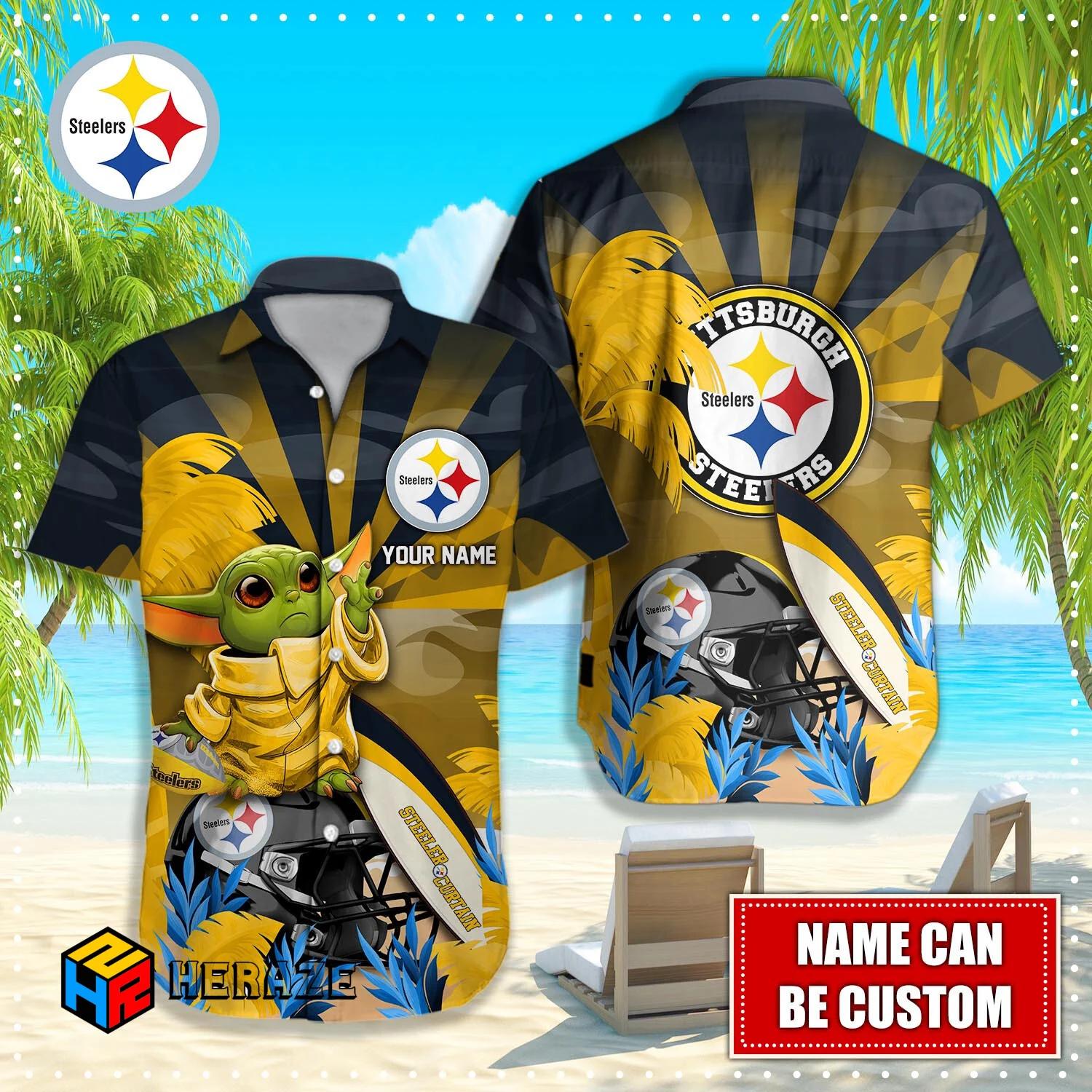 Baby Yoda Custom Name Pittsburgh Steelers NFL Aloha Hawaiian Shirt