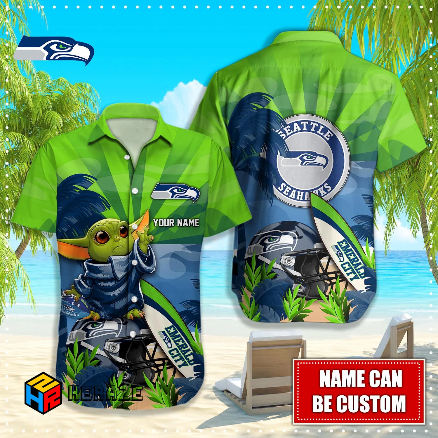 Baby Yoda Custom Name Seattle Seahawks NFL Aloha Hawaiian Shirt