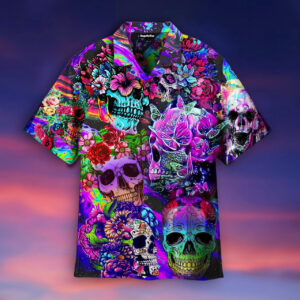 Flowers Hippies Colorful Skull Hawaiian Shirt