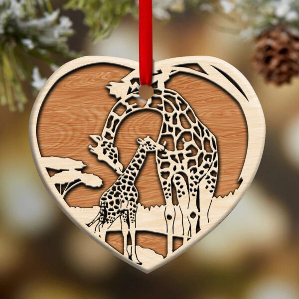 Giraffe Mom And Baby Wooden Style Ceramic Ornament