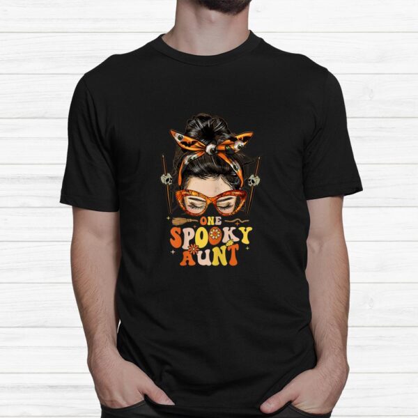 Groovy One Spooky Aunt Messy Bun Hippie Halloween Shirt