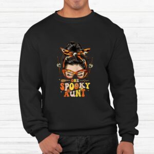 Groovy One Spooky Aunt Messy Bun Hippie Halloween Shirt 2