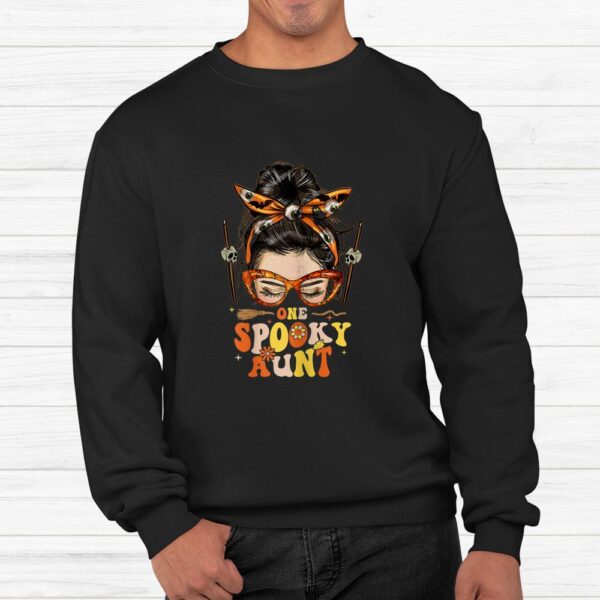 Groovy One Spooky Aunt Messy Bun Hippie Halloween Shirt