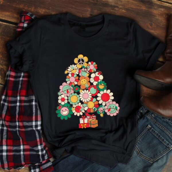 Groovy Retro Christmas Tree Lights Floral Peace Signs Hippie Shirt