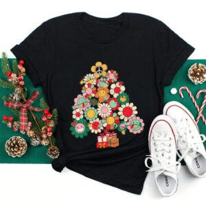 Groovy Retro Christmas Tree Lights Floral Peace Signs Hippie Shirt 2