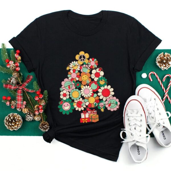 Groovy Retro Christmas Tree Lights Floral Peace Signs Hippie Shirt
