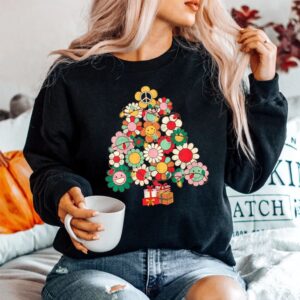 Groovy Retro Christmas Tree Lights Floral Peace Signs Hippie Shirt 3