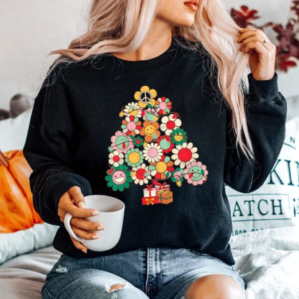 Groovy Retro Christmas Tree Lights Floral Peace Signs Hippie Shirt
