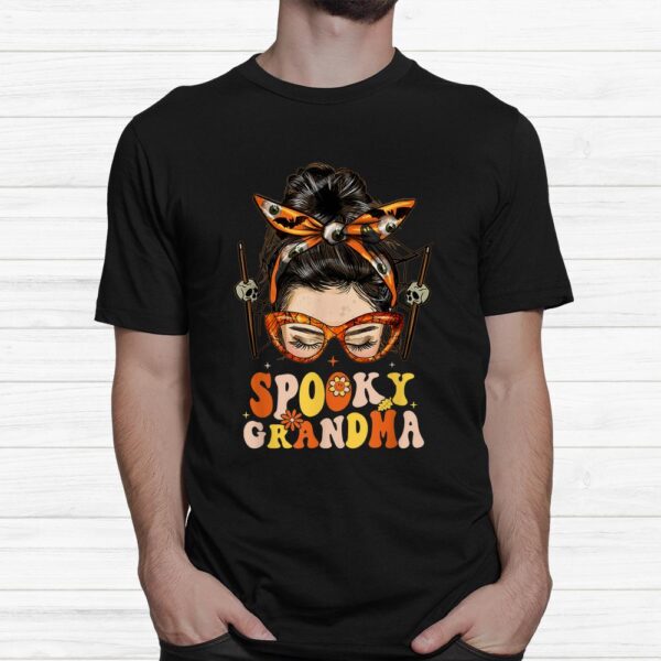 Groovy Spooky Grandma Messy Bun Women Hippie Halloween Shirt