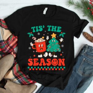 Groovy Tis The Season Christmas Hippie Hot Cocoa Pine Tree Shirt 1