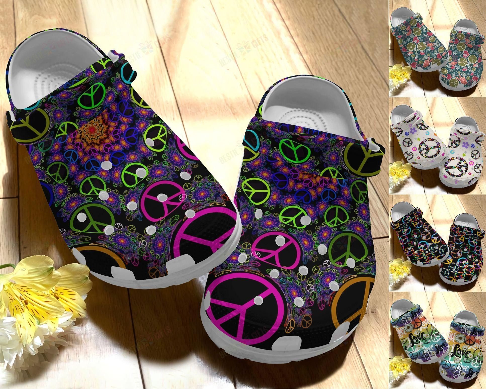 Hippie Crocs Classic Clog Love &amp Peace Pattern Shoes