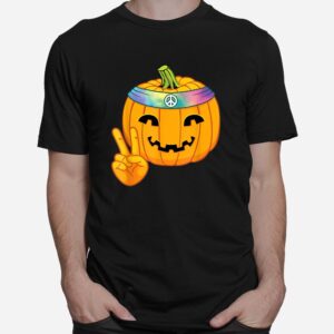 Hippie Halloween Pumpkin Peace Sign Hand Headband Tie Dye Shirt 1