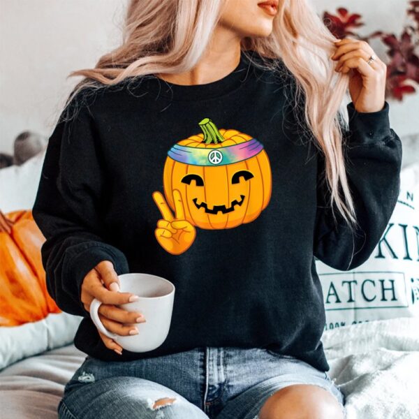 Hippie Halloween Pumpkin Peace Sign Hand Headband Tie Dye Shirt