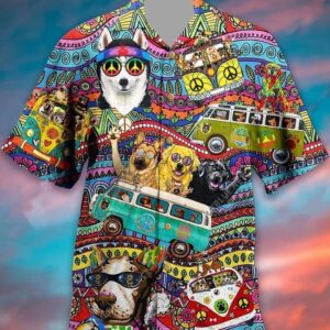 Hippie Husky Dog Colorful Hawaiian Shirt