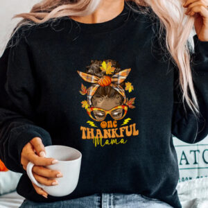 Hippie Messy Bun One Thankful Mama Pumpkin Fall Mom Shirt 4