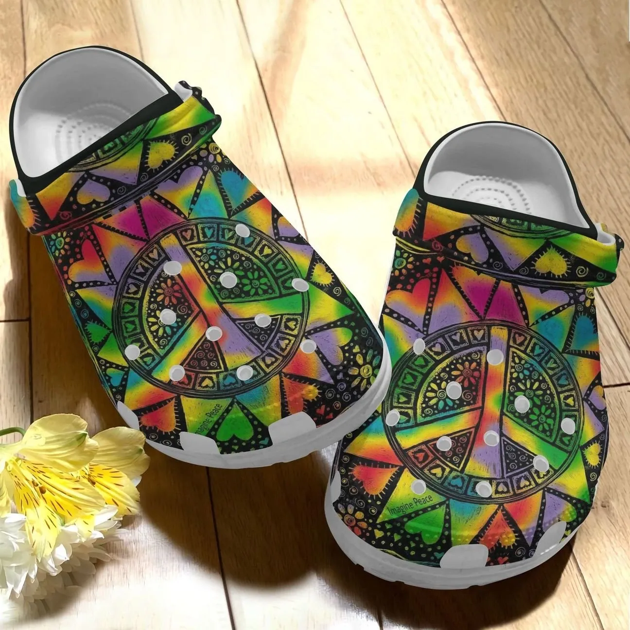 Hippie Personalize Clog Custom Crocs Fashionstyle Comfortable For Women Men Kid Print 3D Whitesole Imagine Peace