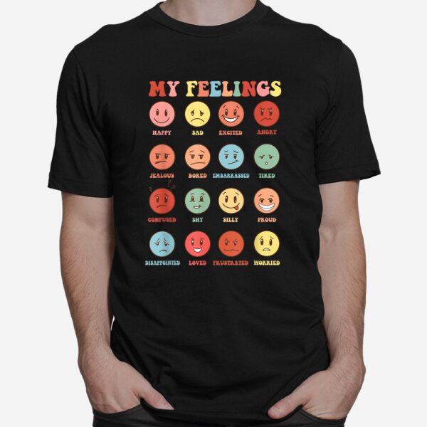 Retro Groovy Rainbow Feelings Chart Hippie Smile Face Trendy Shirt