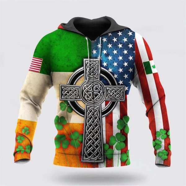 St Patrick’s Day Hoodie Irish American Flag Celtic Cross Saint Patricks Day Hoodie