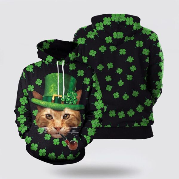 St Patrick’s Day Hoodie Cat Four Leaf Clovers St Patrick’s Day 3D All Over Print Hoodie