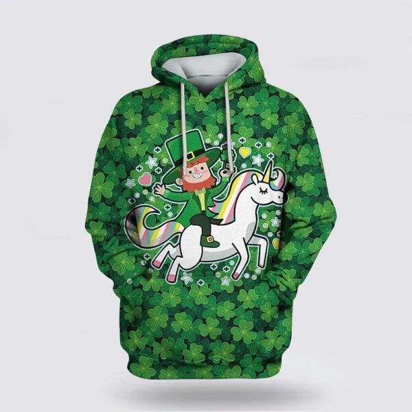 St Patrick’s Day Hoodie Saint Patrick Day Green Man Riding Unicorn Apparel Green Over Print 3D Hoodie