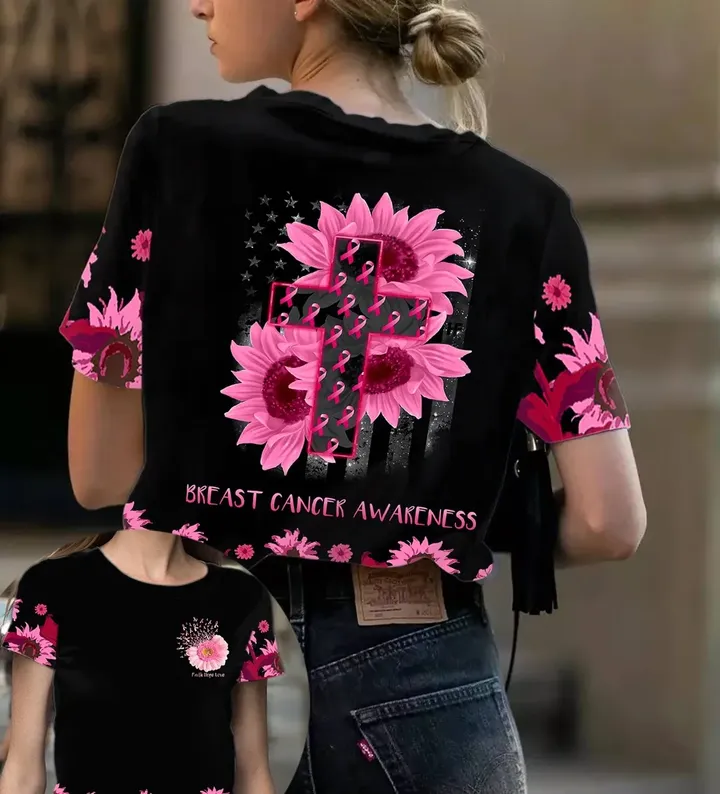 3D Breast Cancer Faith Hope Love Sunflower US Flag – Breast Cancer Awareness 3D All Over Print Shirt