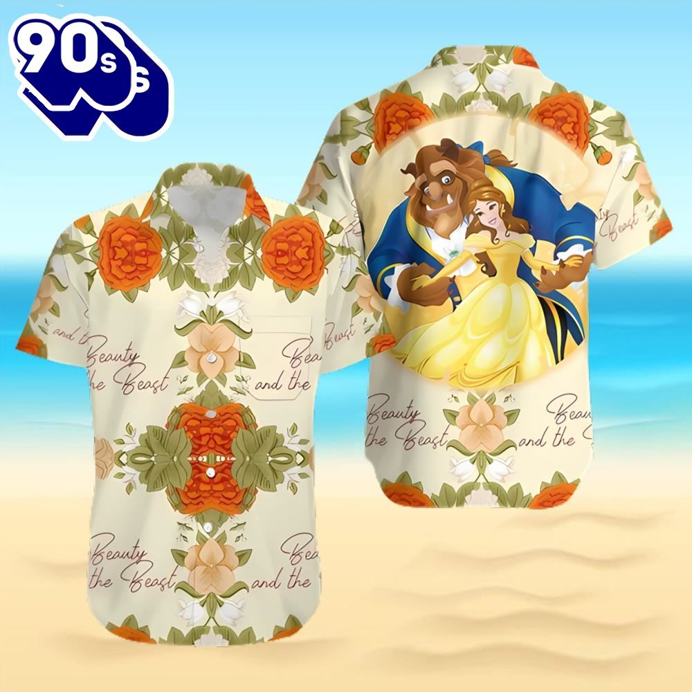 Beauty And The Beast Yellow Red Floral Disney Hawaiian Shirt