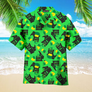 Black Kitten Leprechaun St Patricks Day Pattern Aloha Hawaiian Shirts 2