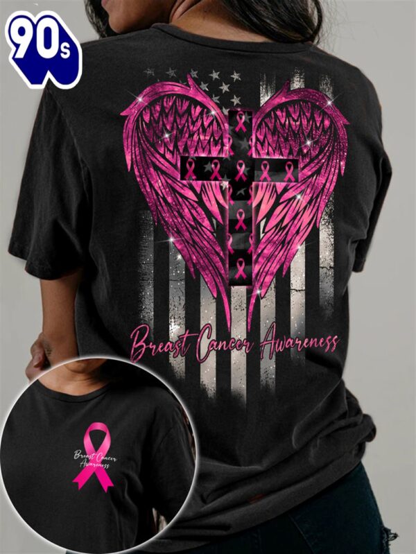 Breast Cancer Shirts Breast Cancer Awareness Cross Wings Pink Ribbon Vintage American Flag