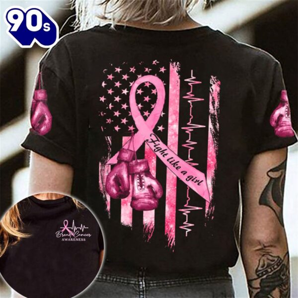 Breast Cancer Shirts Pink Ribbon Breast Cancer Awareness Fight Like A Girl Vintage American Flag