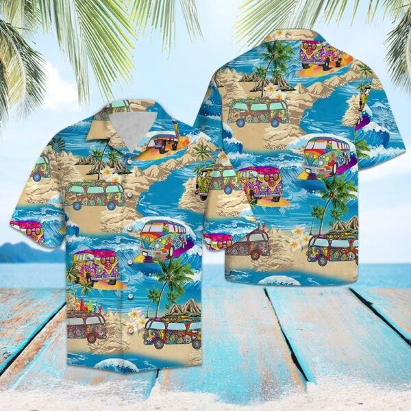 Bus Summer Vacation Blue Amazing Design Hippie Hawaiian Shirt – Beachwear For Men – Gifts For Young Adults