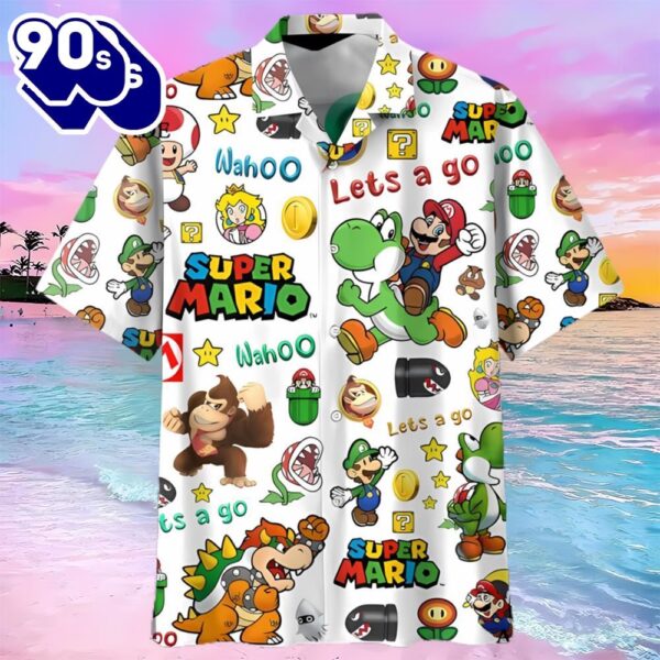 Cheap Lets Go White Super Mario Button Up Hawaiians Shirt