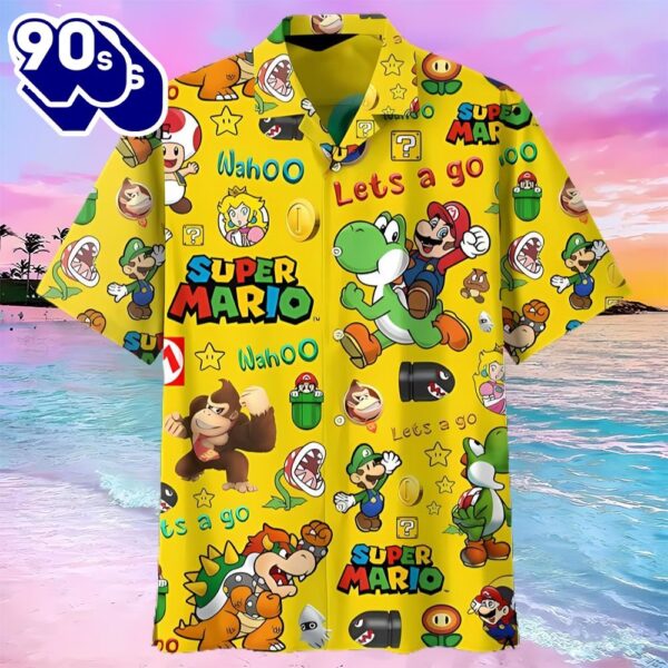 Cheap Lets Go Yellow Super Mario Button Up Hawaiians Shirt