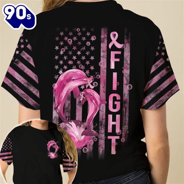 Christian 3D All Over Print Shirts Fight Dolphin Flag Breast Cancer Awareness Vintage American Flag