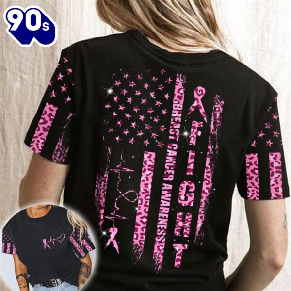 Christian 3D All Over Print Shirts Fight Leopard Pink Breast Cancer Awareness Vintage American Flag